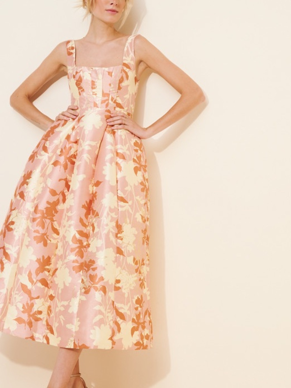 BHLDN Pink Floral Square Neck Lace Up Fit & Flare Midi Dress L - Picture 9 of 16